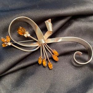Large, vintage Sterling brooch with amber rhinestones & clear rhinestones